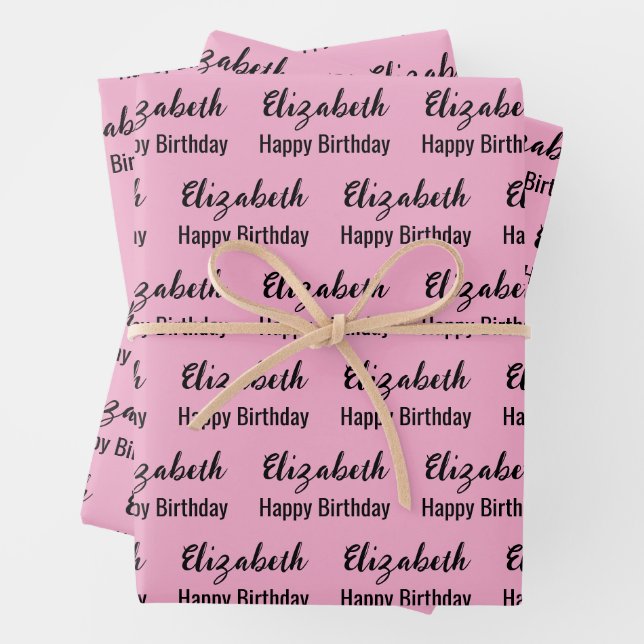 Happy Birthday Black Script Name Light Pink Wrapping Paper Sheets (In situ)