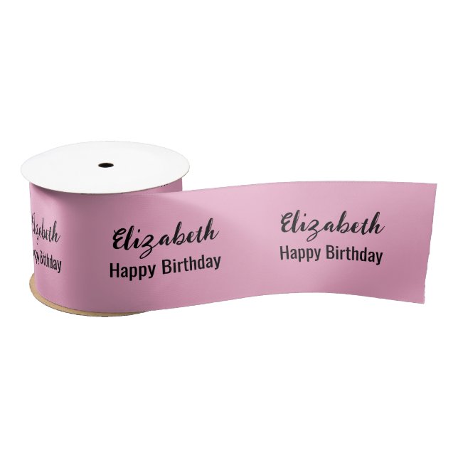 Happy Birthday Black Script Name Pink Satin Ribbon (Spool)