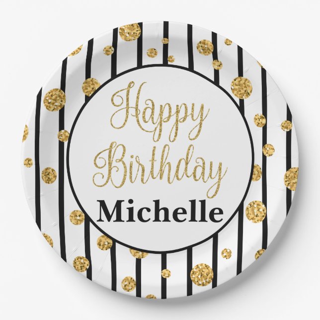 Happy Birthday Black Stripe Gold Glitter Plates (Front)