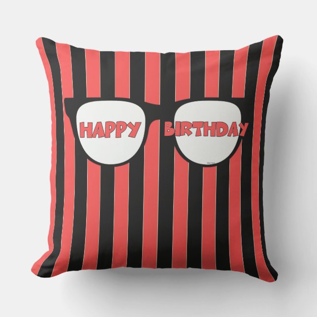 Happy Birthday Black Stripes  Outdoor Pillow (Front)