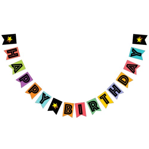 HAPPY BIRTHDAY â BLACK TEXT ON MULTICOLOR BKGD BUNTING FLAGS