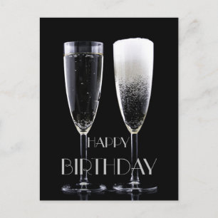 Happy Birthday Black White Champagne Flute Glasses Postcard