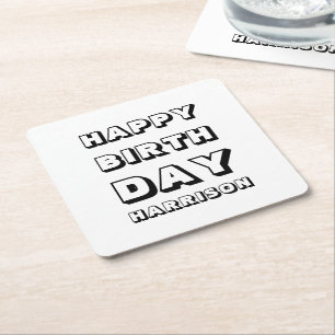 Happy Birthday black white custom name modern Square Paper Coaster