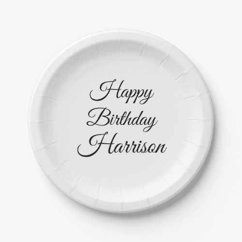 Happy Birthday black white custom script name  Paper Plates