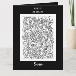 Happy Birthday Black & White Floral Coloring Card