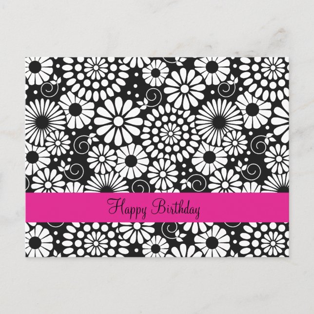 Happy Birthday Black White Folk Flowers Retro  Postcard (Front)
