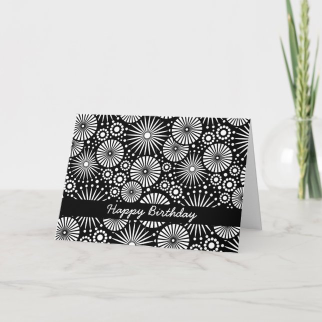 Happy Birthday Black White Geometric Flowers Card (Front)