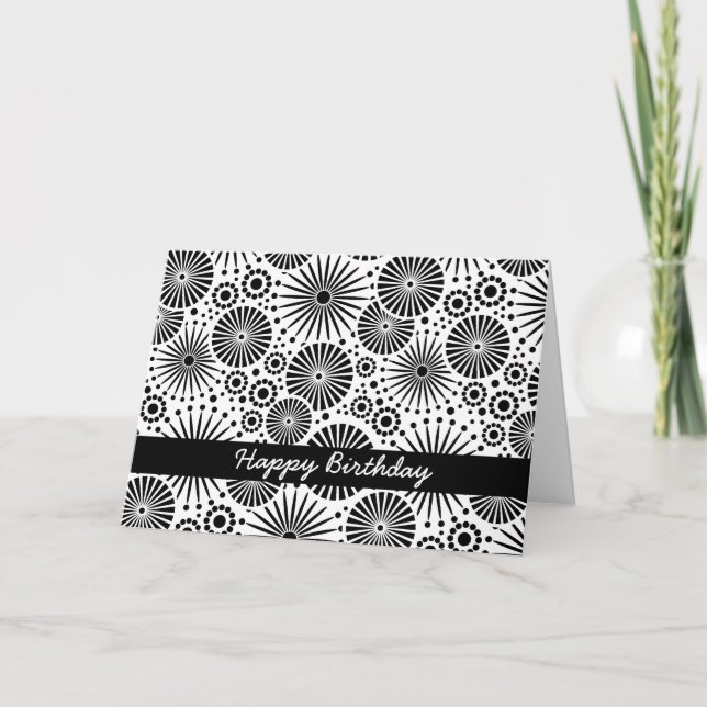 Happy Birthday Black White Geometric Flowers Card (Front)