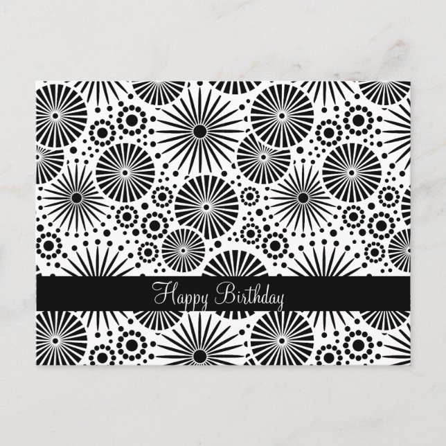 Happy Birthday Black White Geometric Flowers Postcard (Front)