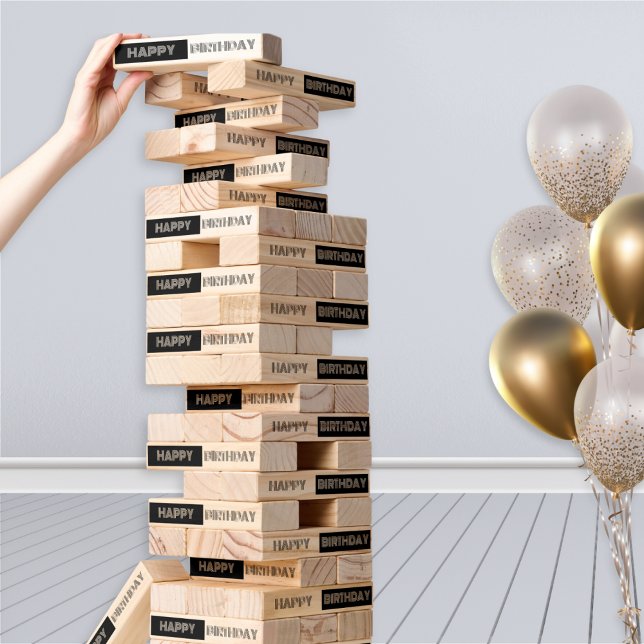 Happy Birthday Black White Op Art Stylish Cool Topple Tower (A fun topple tower game, with black and white 'Happy Birthday' greeting in an Op Art style)
