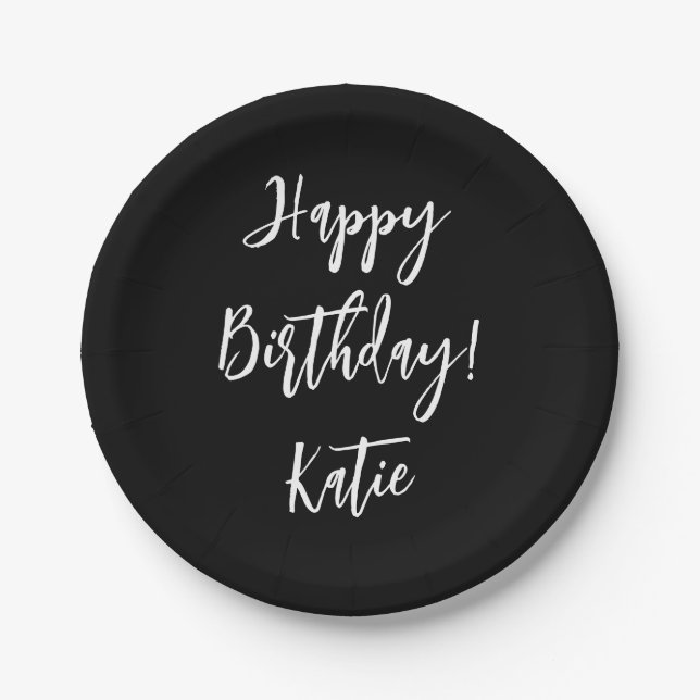 Happy Birthday black white personalized script. Paper Plates (Front)