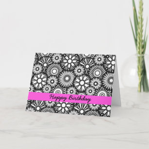 Happy Birthday Black White Retro 70s Graphic Daisy Card
