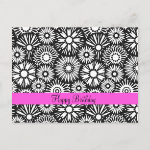 Happy Birthday Black White Retro 70s Graphic Daisy Postcard