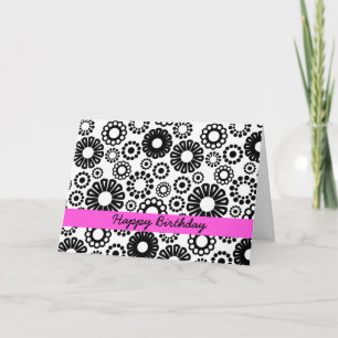 Happy Birthday Black White Retro Simple Flowers Card