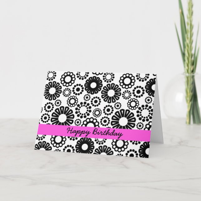 Happy Birthday Black White Retro Simple Flowers Card (Front)