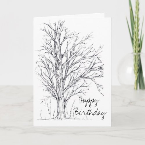 Happy Birthday Black White Tree Line Art Drawing Card