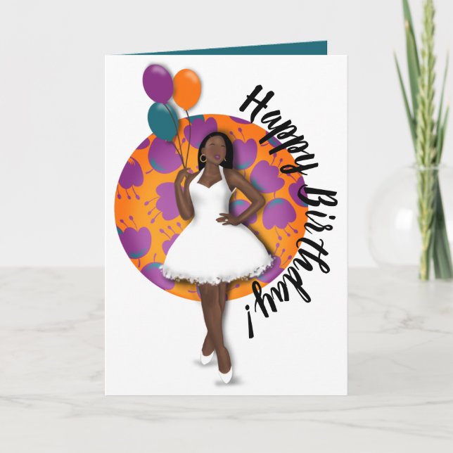 Happy Birthday! Black Woman, Balloons & Flowers Card (Front)
