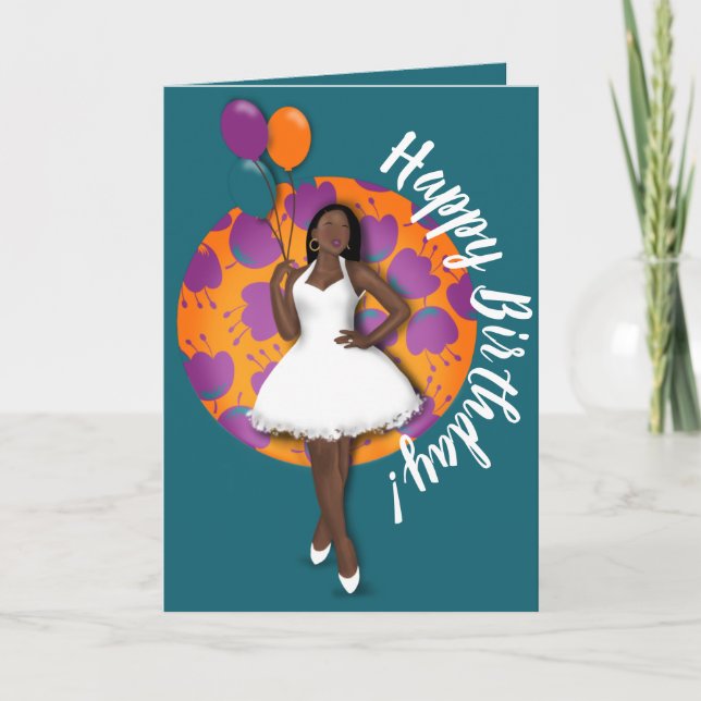 Happy Birthday! Black Woman, Balloons & Flowers Card (Front)