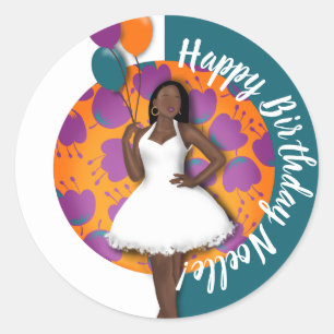 Happy Birthday! Black Woman, Balloons & Flowers Classic Round Sticker