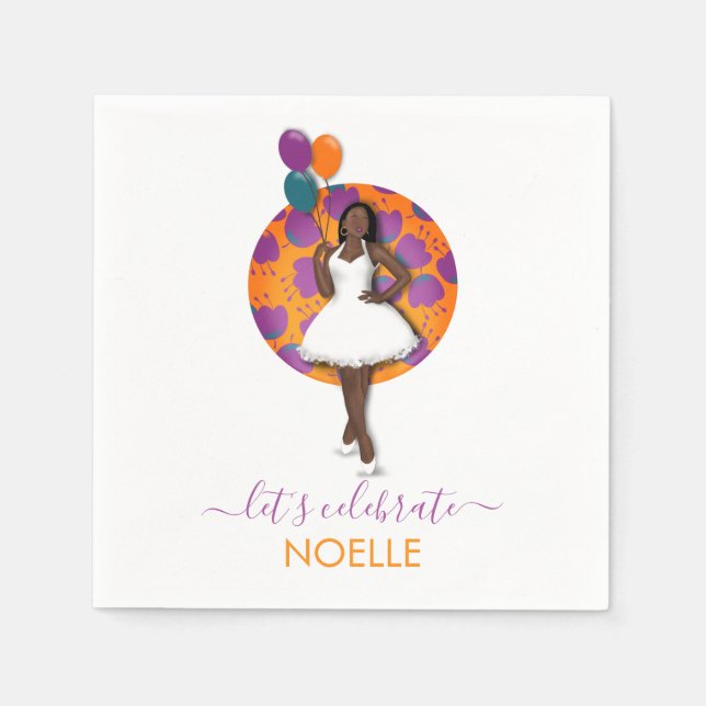 Happy Birthday! Black Woman, Balloons & Flowers Napkins (Front)