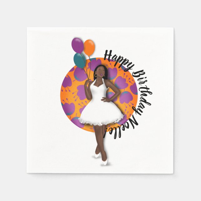 Happy Birthday! Black Woman, Balloons & Flowers Napkins (Front)
