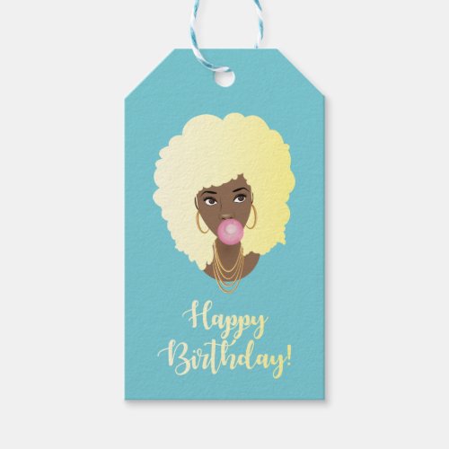 Happy Birthday Black Woman Blonde Afro Gum Blue Gift Tags