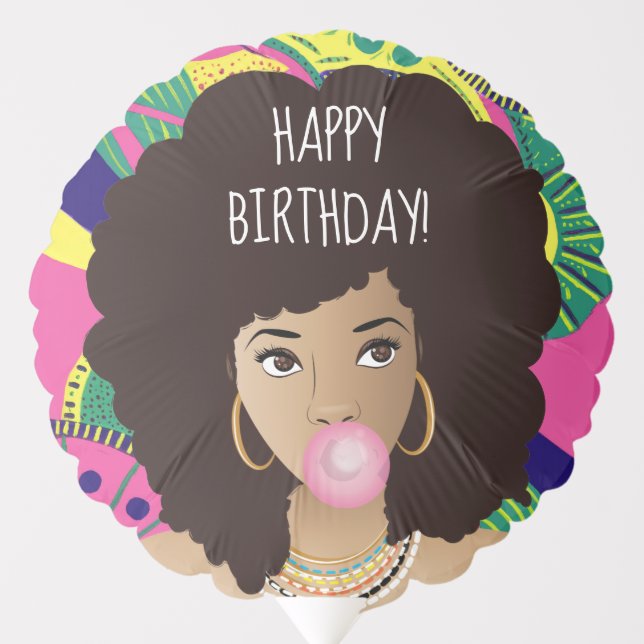 Happy Birthday! Black Woman, Bubblegum, Colorful Balloon (Front)