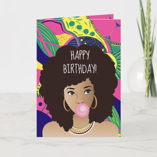 Happy Birthday! Black Woman, Bubblegum, Colorful Card (Front)
