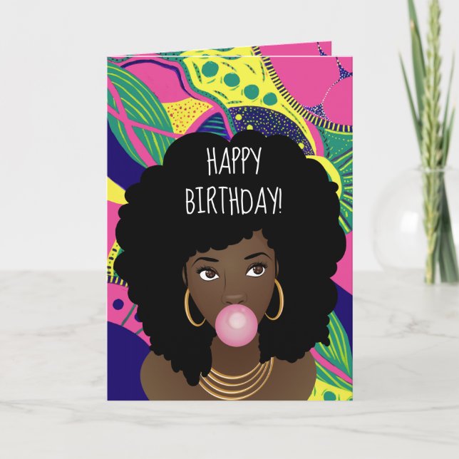 Happy Birthday! Black Woman, Bubblegum, Colorful Card (Front)