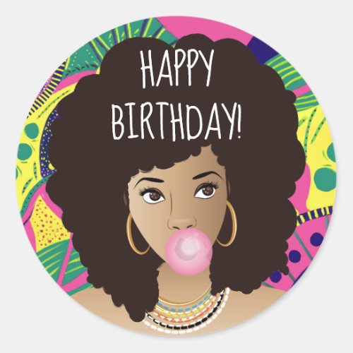 Happy Birthday Black Woman Bubblegum Colorful Classic Round Sticker