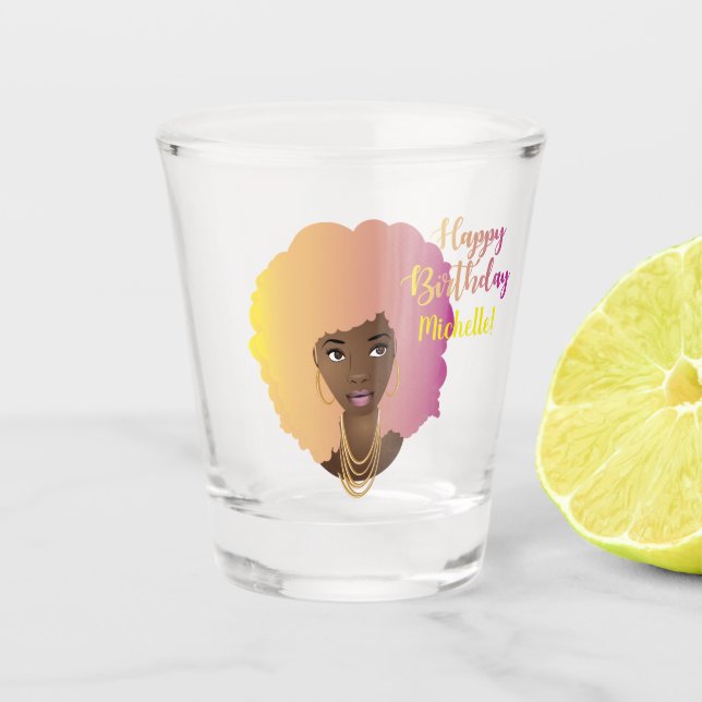 Happy Birthday! Black Woman, Colorful Natural Hair Shot Glass (Front)