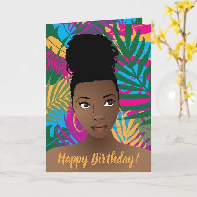 Happy Birthday! Black Woman, Colorful Tropical Card (Yellow Flower)