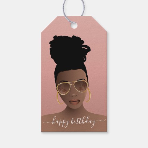 Happy Birthday Black Woman Gold Shades Blush Pink Gift Tags