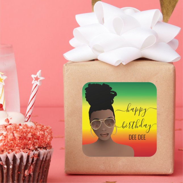 Happy Birthday Black Woman Gold Shades Rasta Square Sticker (Party)