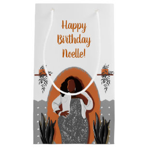Happy Birthday! Black Woman, Orange & Gray Small Gift Bag