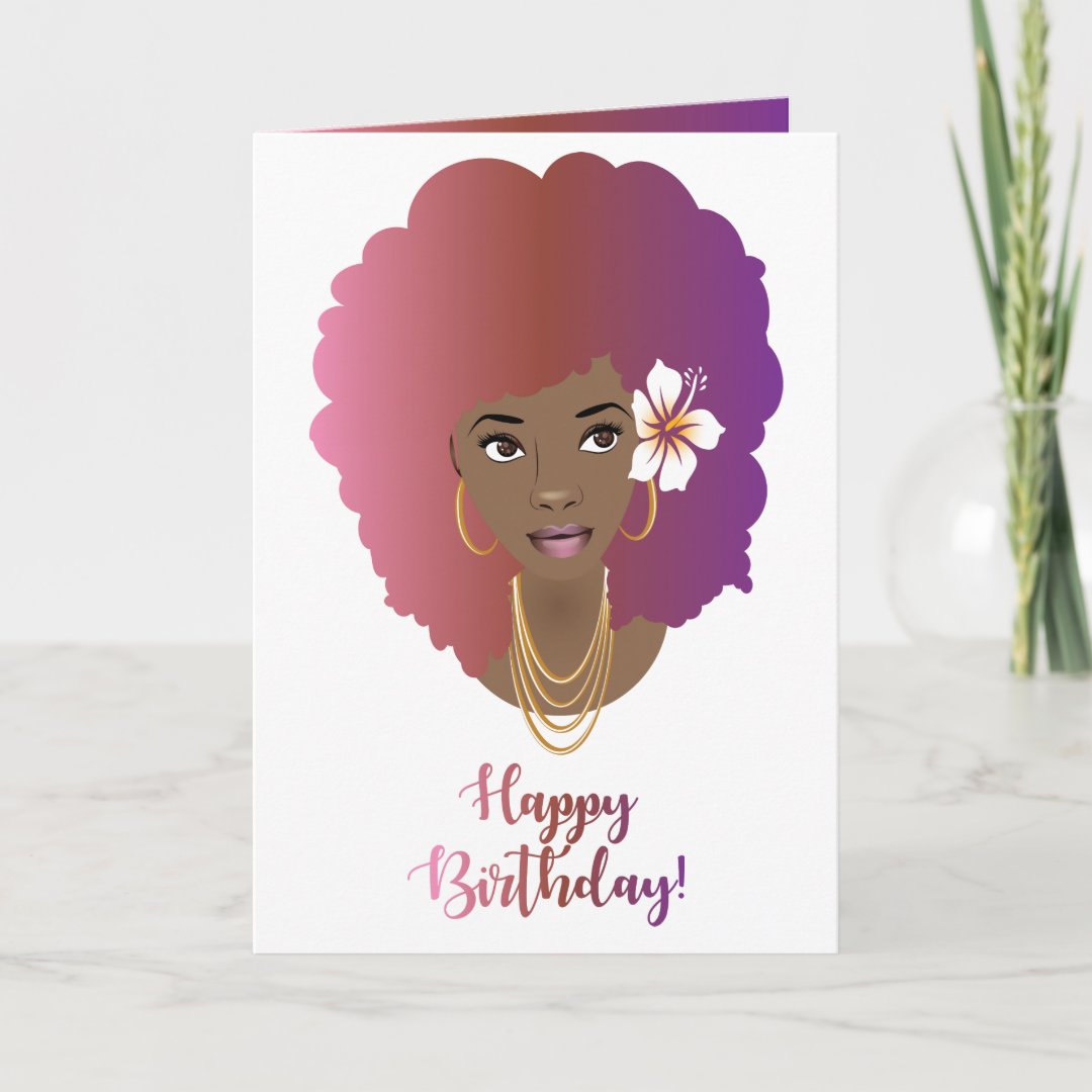 Happy Birthday! Black Woman, Pink & Purple Afro Card | Zazzle