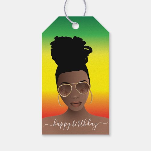 Happy Birthday Black Woman Shades Green Yellow Red Gift Tags