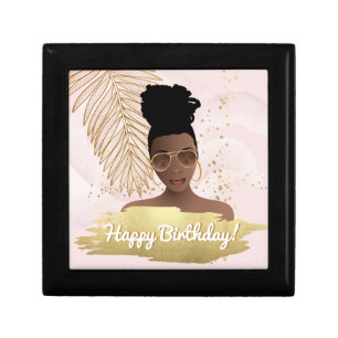 Happy Birthday! Black Woman, Tropical Pink & Gold Gift Box