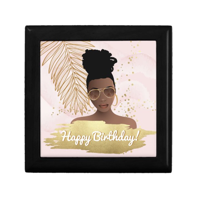 Happy Birthday! Black Woman, Tropical Pink & Gold Gift Box (Front)