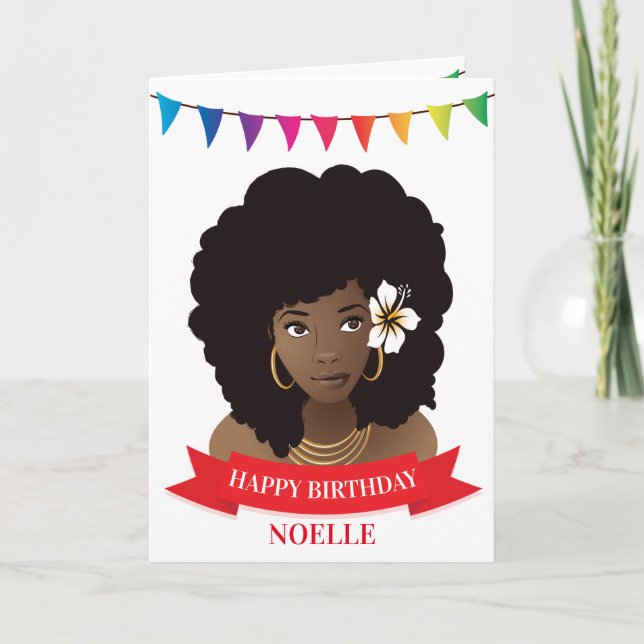 Happy Birthday, Black Woman w/Flower, Colorful Card (Front)