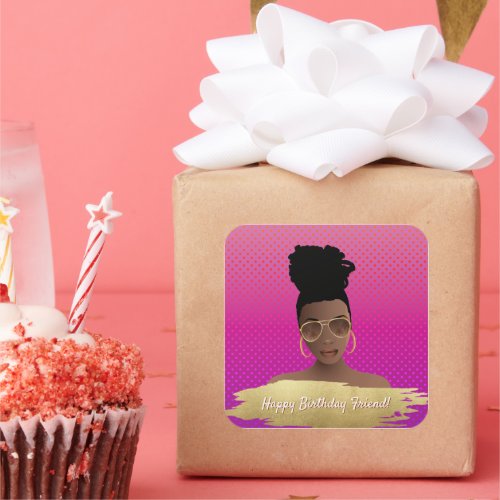 Happy Birthday Black Woman wGold Shades Magenta Square Sticker