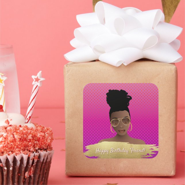 Happy Birthday! Black Woman w/Gold Shades Magenta Square Sticker (Party)