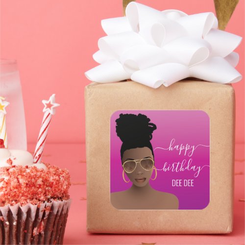 Happy Birthday Black Woman wGold Shades Pink Sq Square Sticker