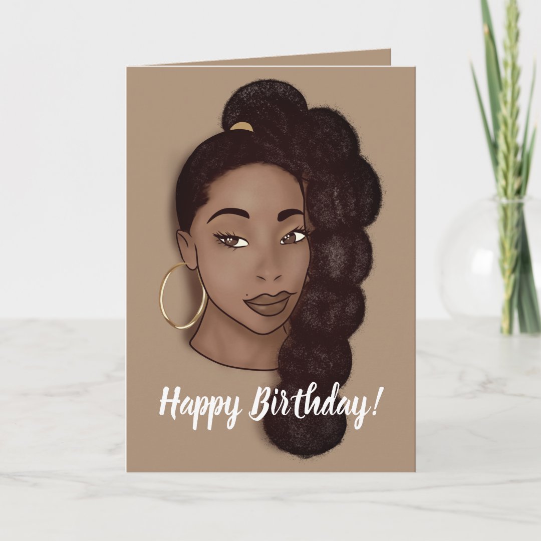 Happy Birthday, Black Woman w/Long Ponytail, Brown Card | Zazzle