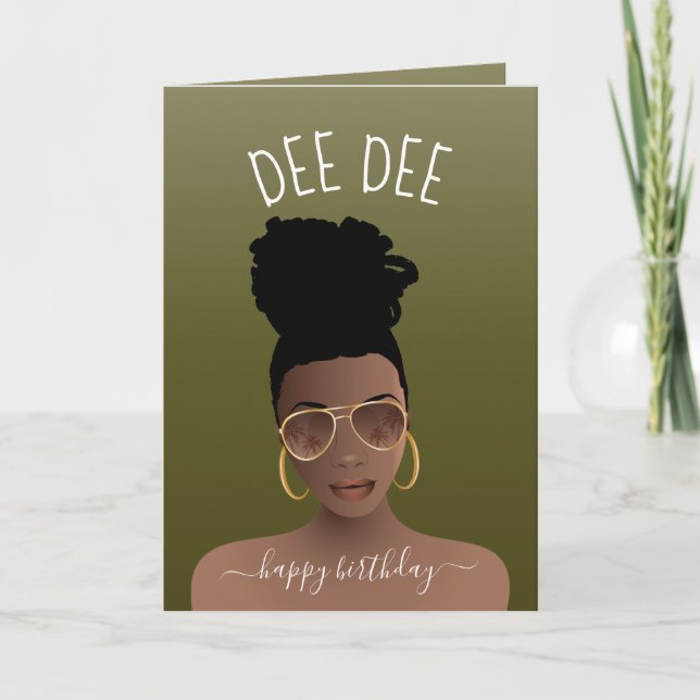 Happy Birthday, Black Woman w/Shades Olive Green Card (Front)