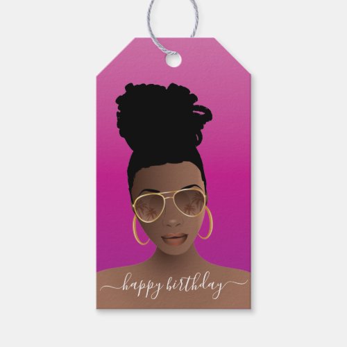 Happy Birthday Black Woman wShades Pink Magenta Gift Tags