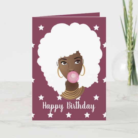 Happy Birthday! Black Woman, White Hair & Stars Card 