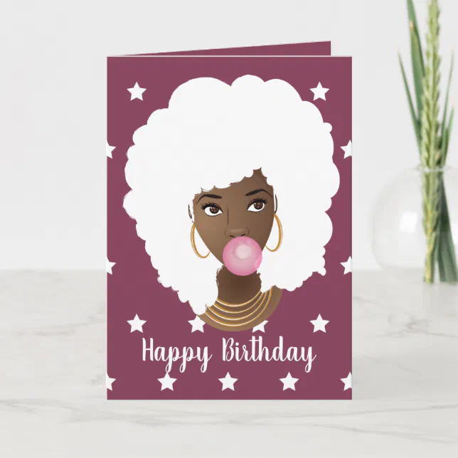 Happy Birthday! Black Woman, White Hair & Stars Card | Zazzle