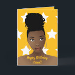 Happy Birthday! Black Woman, White Stars, Gold Card<br><div class="desc">This design features beautiful African American woman with a top knot bun,  on gold background with white stars.</div>