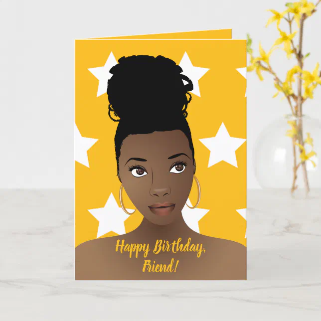 Happy Birthday! Black Woman, White Stars, Gold Card | Zazzle